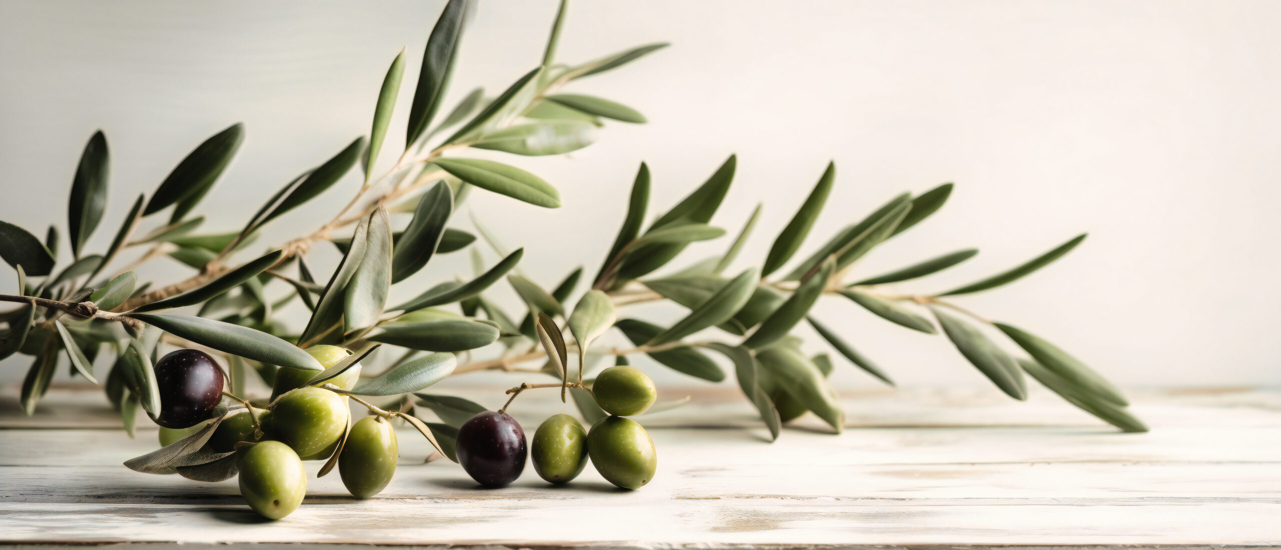 olive branch against a white wooden background,